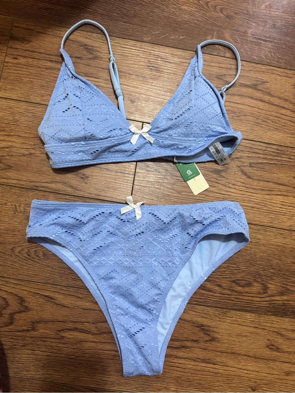 Light Blue Eyelet Bikini Set with Bow Accent